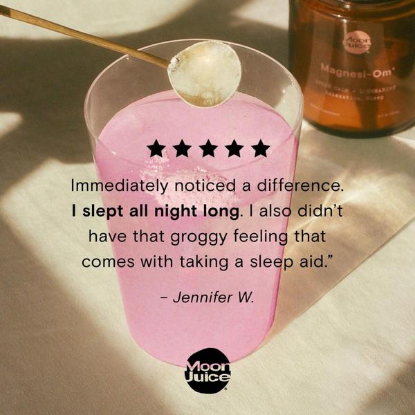 A high-contrast, minimalist testimonial ad for a sleep supplement showing the product in use and a direct customer quote.